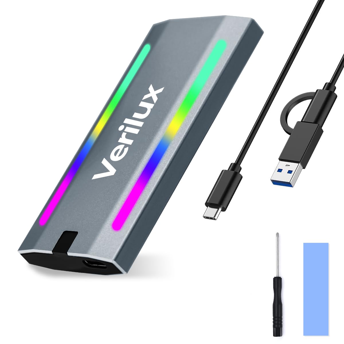 Verilux M.2 NVMe SSD Enclosure with Type C Cable, USB C External NVMe SSD Enclosure, RGB 10Gbps M.2 NVMe to USB Adapter, USB 3.2 M.2 NVMe Reader Supports M and B & M Keys, Fits 2230 2242 2260 2280 Verilux M.2 NVMe SSD Enclosure with Type C Cable, USB C External NVMe SSD Enclosure, RGB 10Gbps M.2 NVMe to USB Adapter, USB 3.2 M.2 NVMe Reader Supports M and B & M Keys, Fits 2230 2242 2260 2280